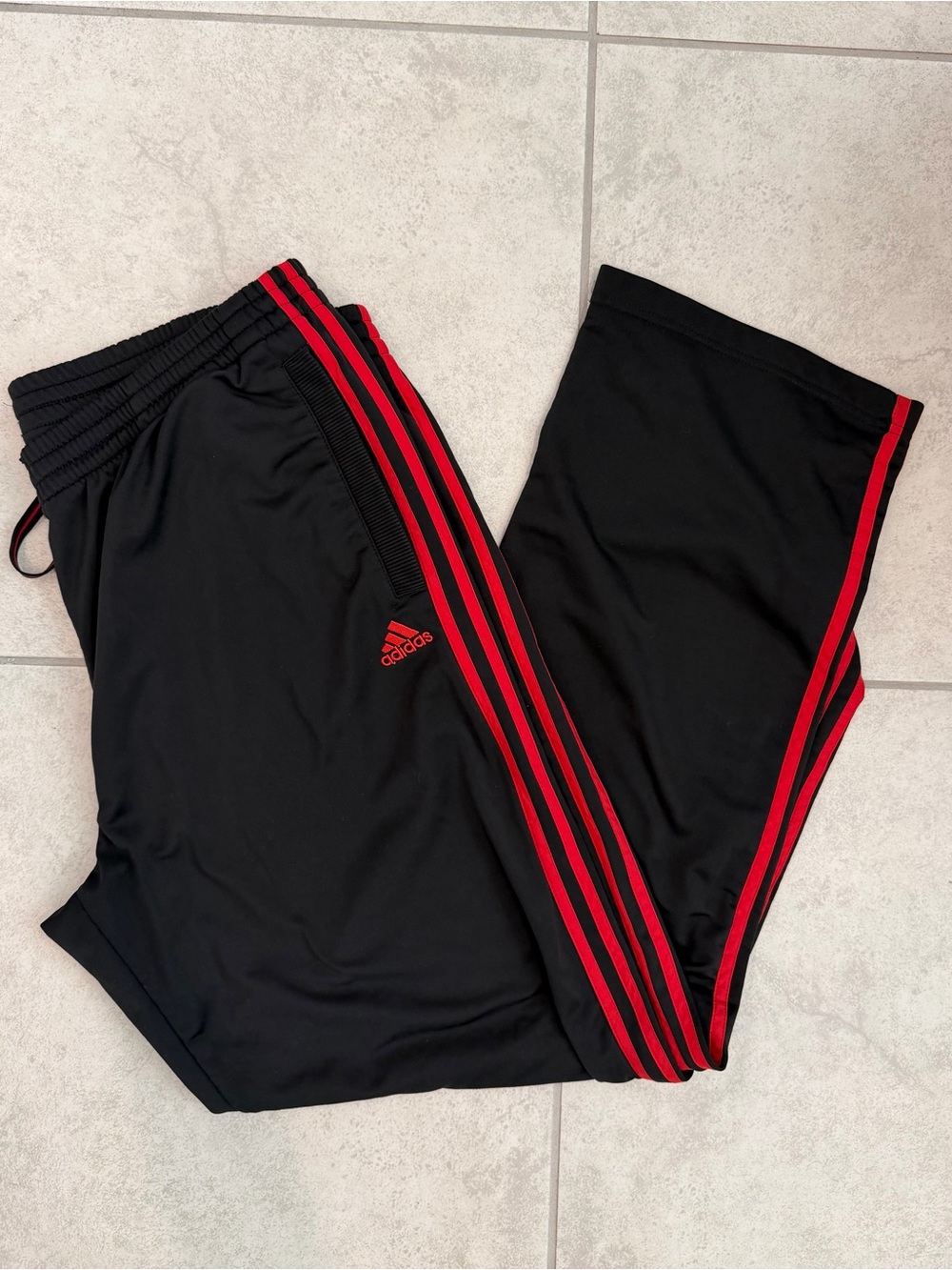 Men’s adidas Black wide leg track / warm ups with Red Three-Stripe Trim and logo
